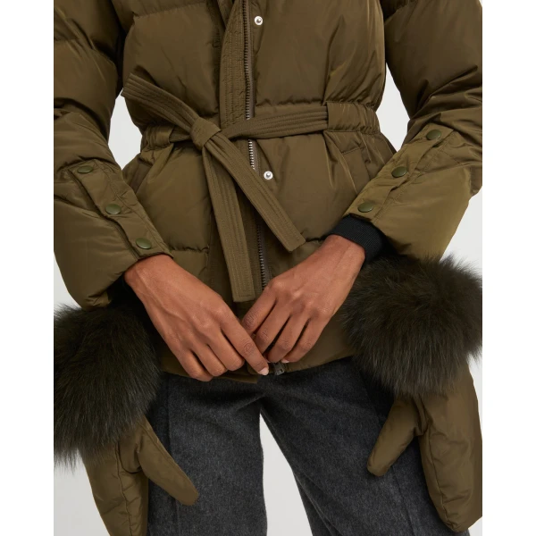 Woman wearing Yves Salomon shearling fur coat – luxury outerwear at Luxury Shoes 