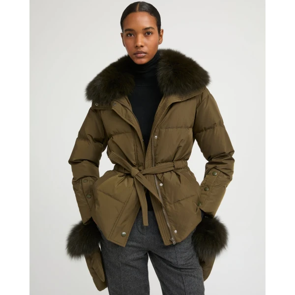 Woman wearing Yves Salomon shearling fur coat – luxury outerwear at Luxury Shoes 