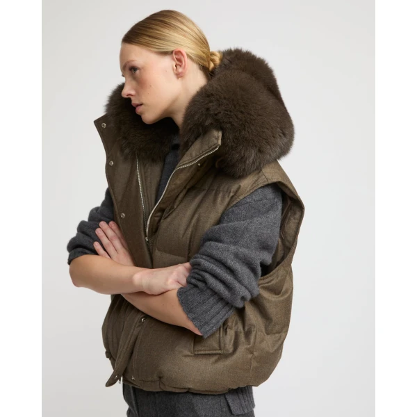 Woman wearing Yves Salomon shearling fur coat – luxury outerwear at Luxury Shoes 