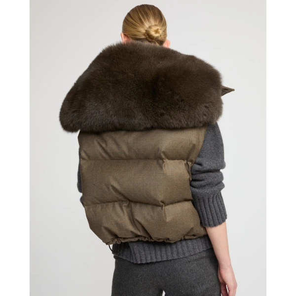 Woman wearing Yves Salomon shearling fur coat – luxury outerwear at Luxury Shoes 