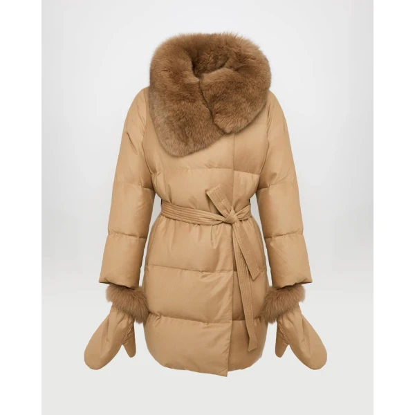 Woman wearing Yves Salomon shearling fur coat – luxury outerwear at Luxury Shoes 