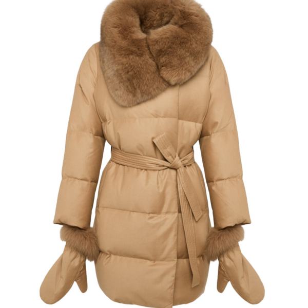 Yves Salomon Long Down Jacket made with Loro Piana flannel with fox fur collar