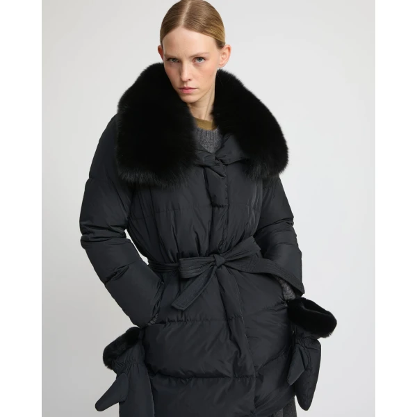 Woman wearing Yves Salomon shearling fur coat – luxury outerwear at Luxury Shoes 