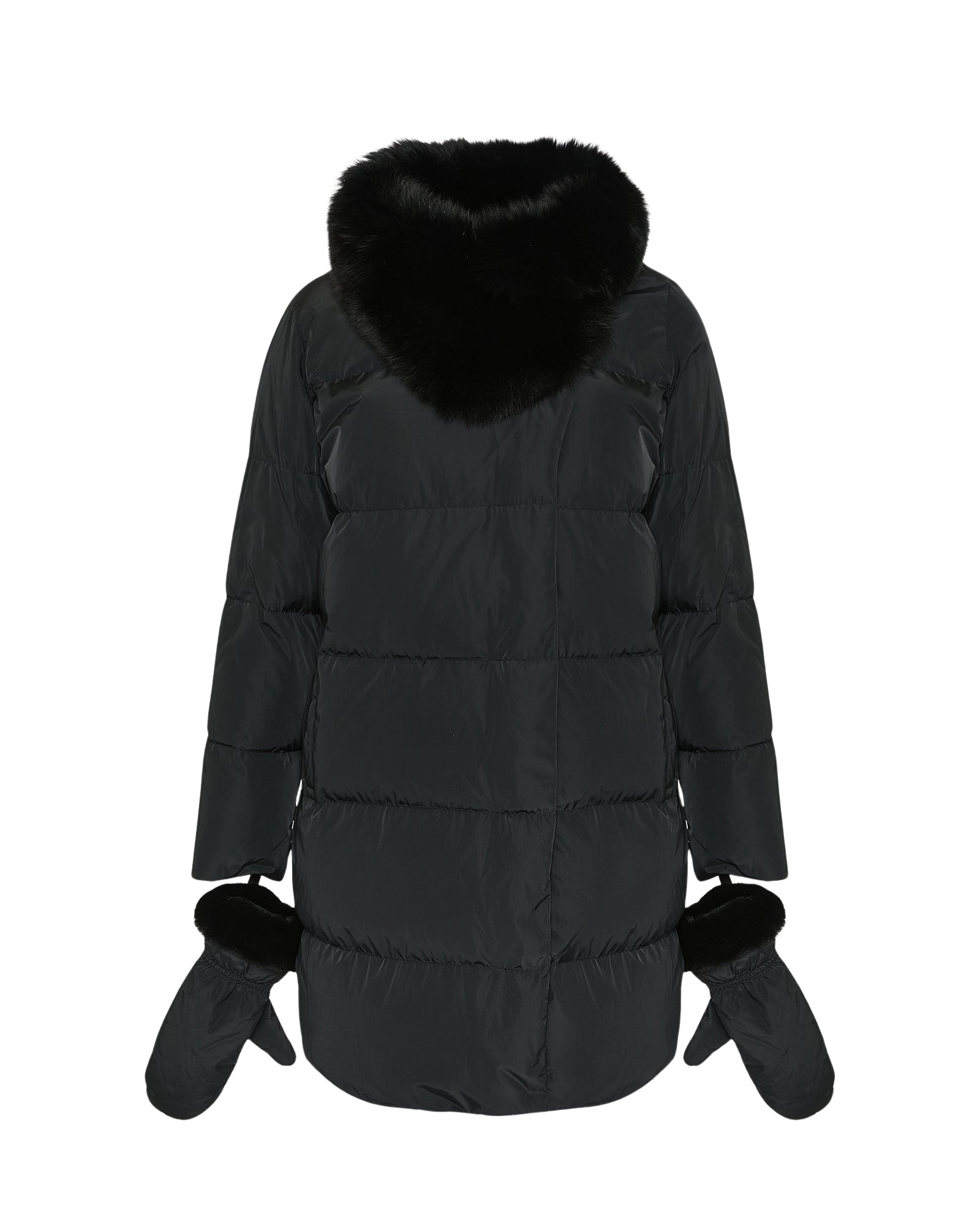 Yves Salomon Long belted down jacket in technical fabric with detachable fox fur collar