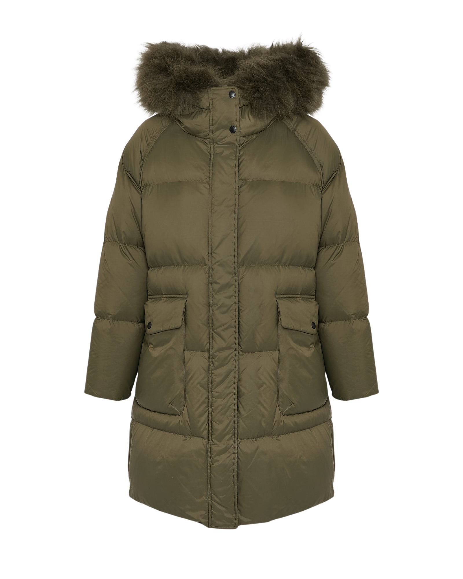 Yves Salomon Long down jacket with raglan sleeves and fluffy lambswool trim