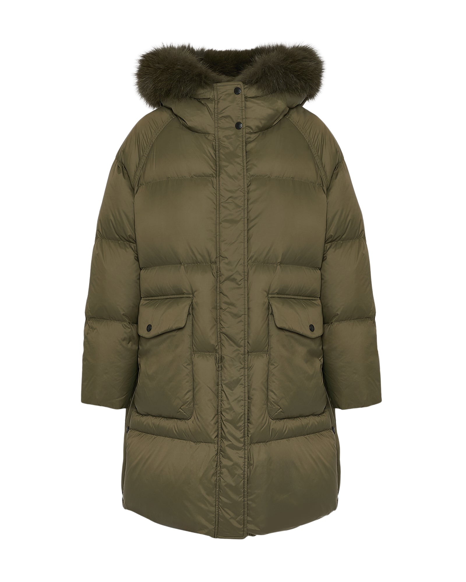 Yves Salomon Long down jacket with raglan sleeves and fox fur trim