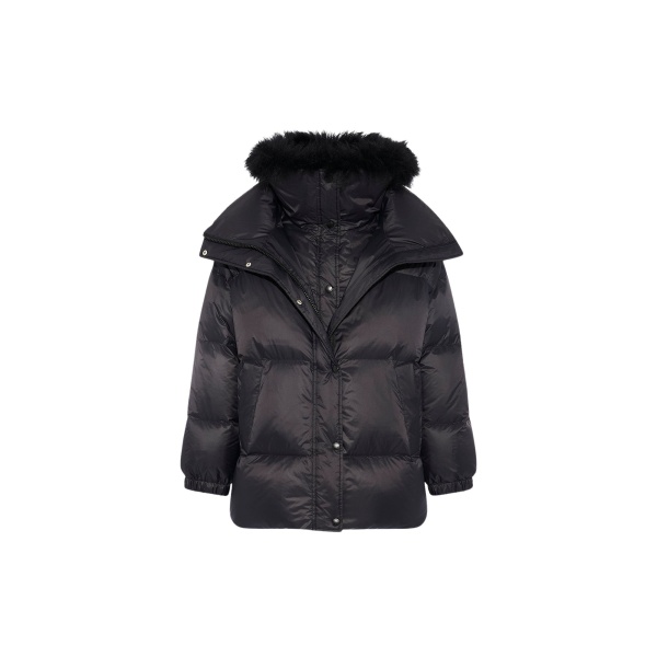 Woman wearing Yves Salomon shearling fur coat – luxury outerwear at Luxury Shoes 