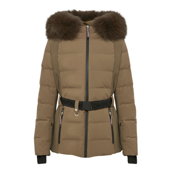 Yves Salomon Mixed fabric belted ski jacket with fox fur trim