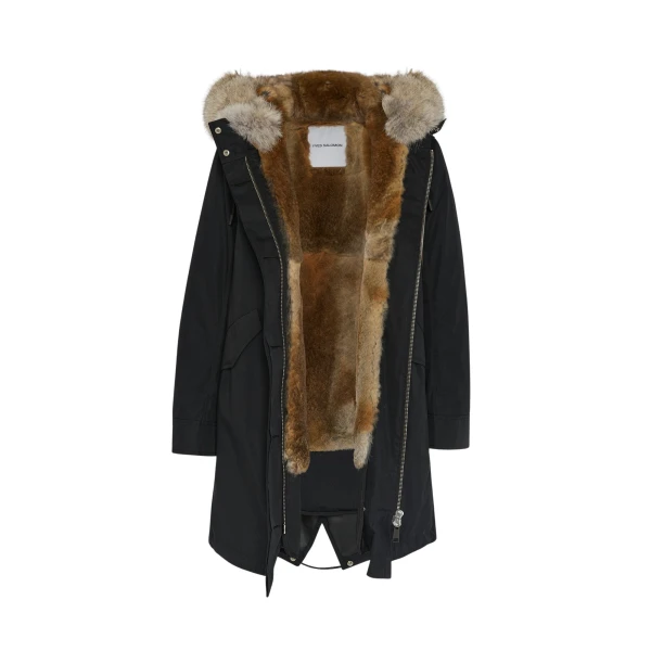 Woman wearing Yves Salomon shearling fur coat – luxury outerwear at Luxury Shoes 
