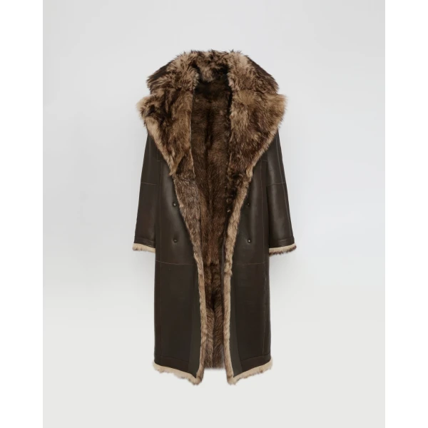 Woman wearing Yves Salomon shearling fur coat – luxury outerwear at Luxury Shoes 