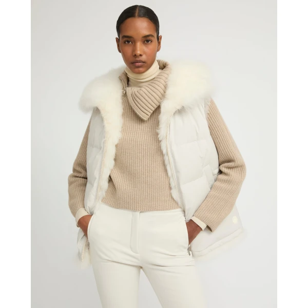 Woman wearing Yves Salomon shearling fur coat – luxury outerwear at Luxury Shoes 