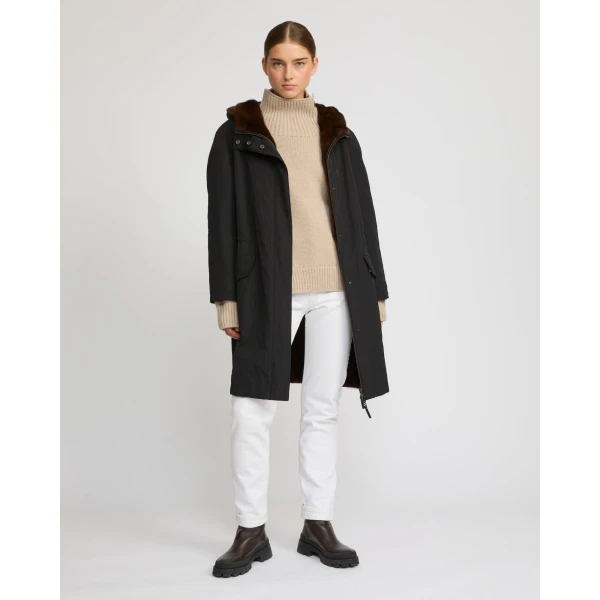 Woman wearing Yves Salomon shearling fur coat – luxury outerwear at Luxury Shoes 