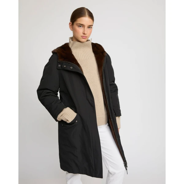 Woman wearing Yves Salomon shearling fur coat – luxury outerwear at Luxury Shoes 