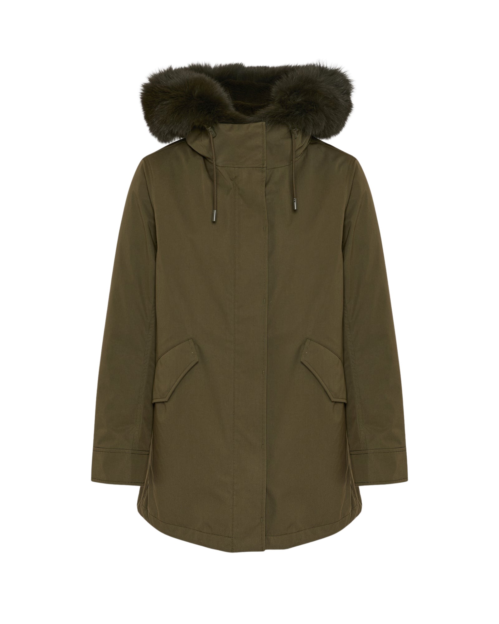 Yves Salomon Short Iconic parka in waterproof cotton blend with fox and rabbit fur