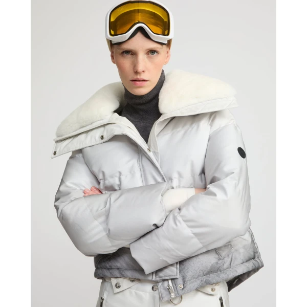 Woman wearing Yves Salomon shearling fur coat – luxury outerwear at Luxury Shoes 