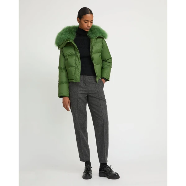 Woman wearing Yves Salomon shearling fur coat – luxury outerwear at Luxury Shoes 