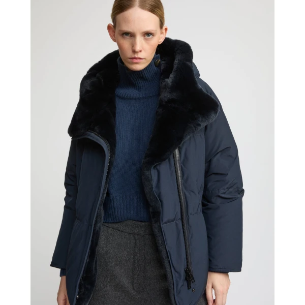 Woman wearing Yves Salomon shearling fur coat – luxury outerwear at Luxury Shoes 
