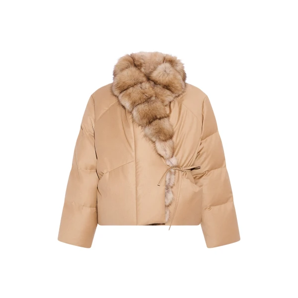 Woman wearing Yves Salomon shearling fur coat – luxury outerwear at Luxury Shoes 