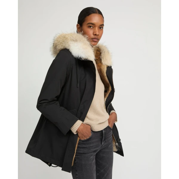 Woman wearing Yves Salomon shearling fur coat – luxury outerwear at Luxury Shoes 