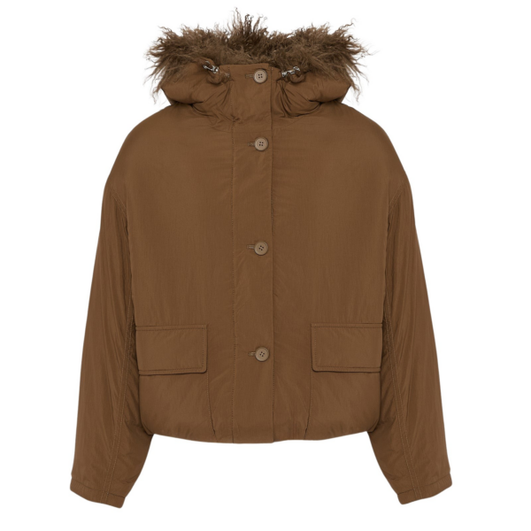 Yves Salomon Short ultra-light down jacket with curly lambskin trim