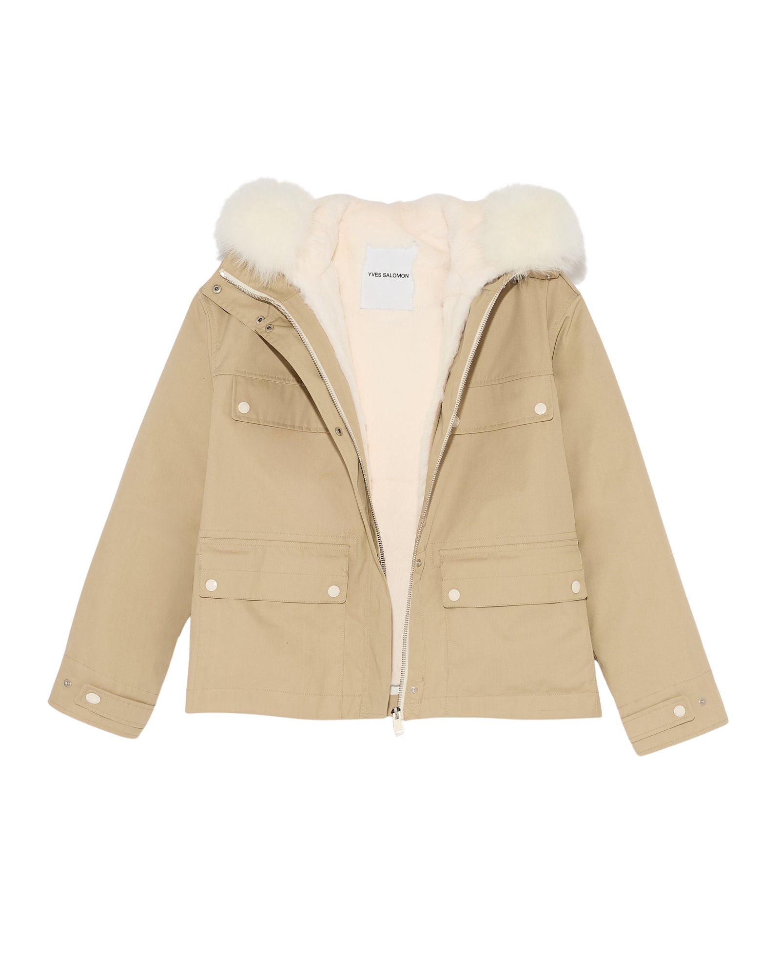 Yves Salomon Short waterproof parka in cotton blend with fox and rabbit fur