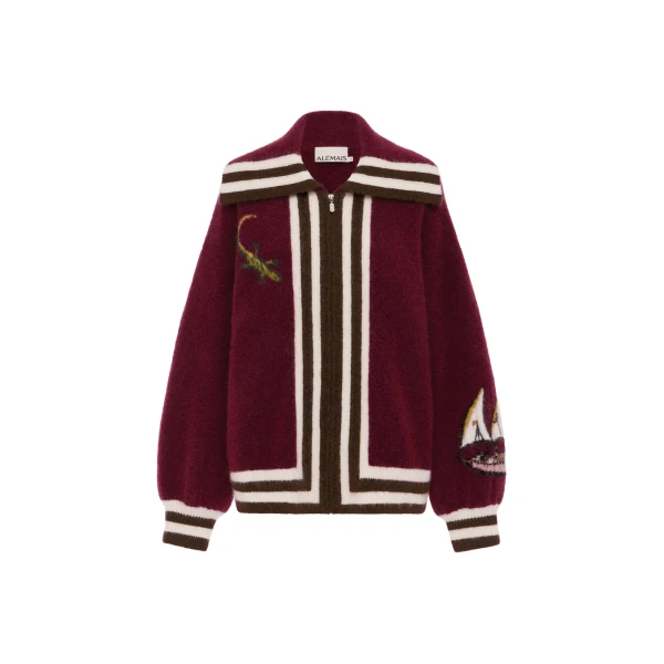 Alemais Mokshini Zip Up Cardigan  Sustainable Knitwear with Alemais print -  Luxury Handbags Australian Designer