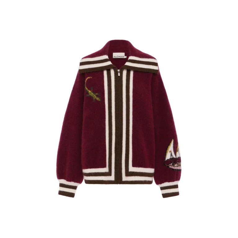 Alemais Mokshini Zip Up Cardigan  Sustainable Knitwear with Alemais print -  Luxury Handbags Australian Designer