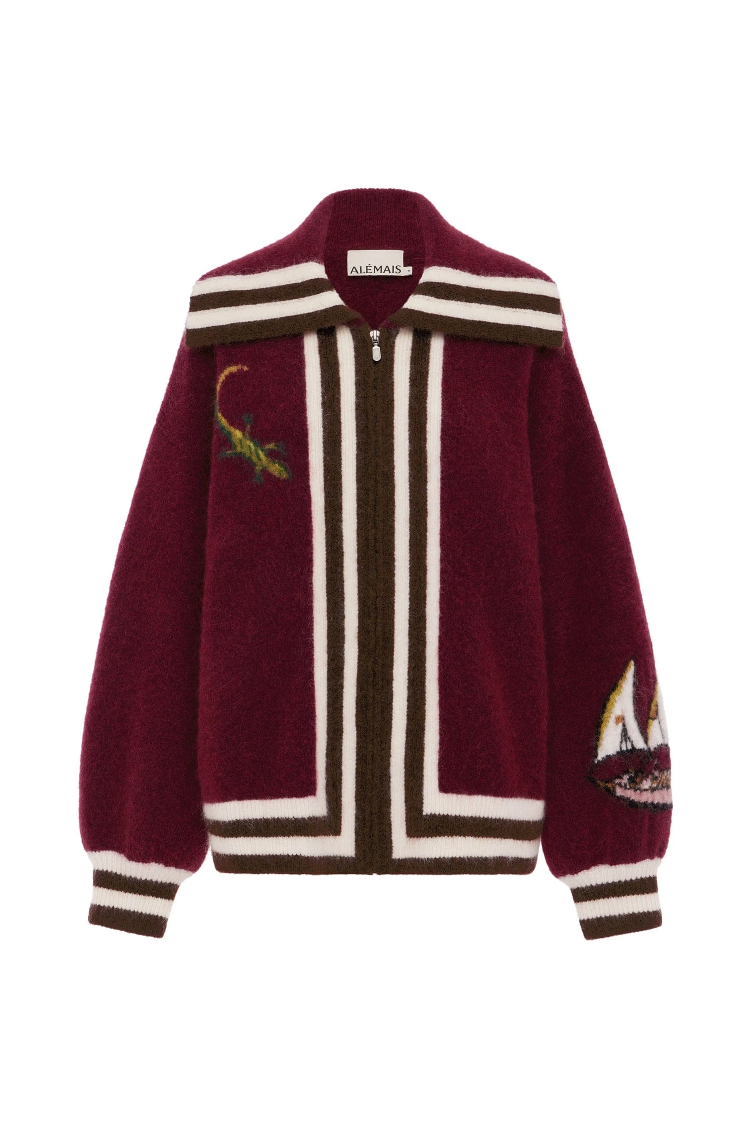 Mokshini Zip Up Cardigan by Alemais - Knitwear Alemais Mokshini Zip Up Cardigan Sustainable Knitwear with Alemais print - Luxury Handbags Australian Designer