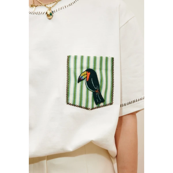 Alemais Toucan Tango Embroidered Pocket Tee  Sustainable Tops with Alemais print -  Luxury Handbags Australian Designer
