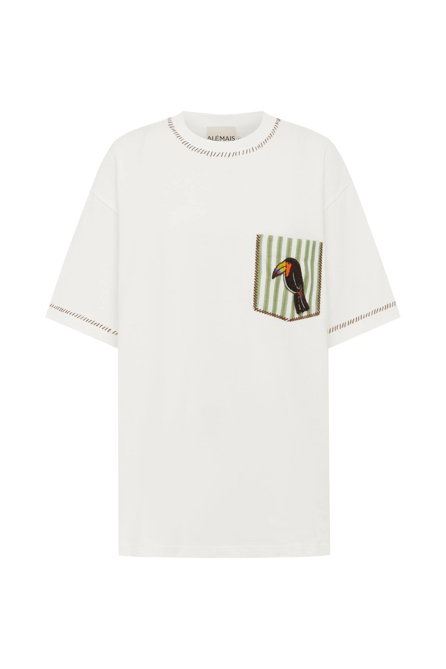 Toucan Tango Embroidered Pocket Tee by Alemais - Tops Alemais Toucan Tango Embroidered Pocket Tee Sustainable Tops with Alemais print - Luxury Handbags Australian Designer