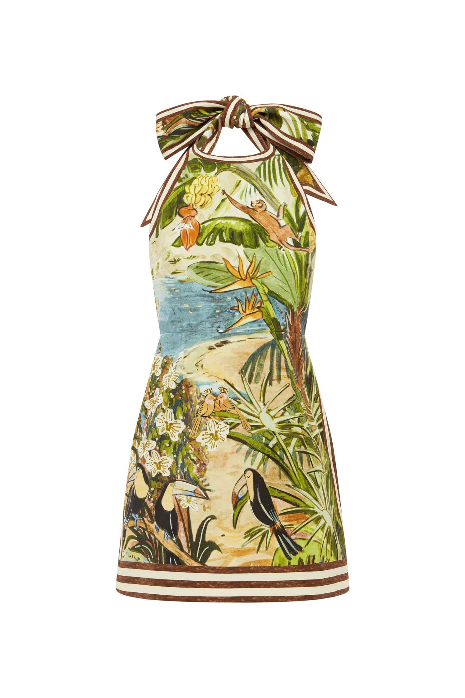 Alemais Toucan Tango Halter Mini Dress  Sustainable Dresses with Alemais print -  Luxury Handbags Australian Designer