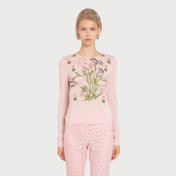 Giambattista Valli Anemones Embroidered Pink Cashmere Top - Giambattista Valli Tops - Romantic Couture - Shop at Luxury Shoes 