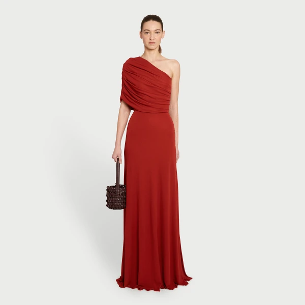Giambattista Valli Asymmetrical Draped Brick Long Dress - Giambattista Valli Dresses - Romantic Couture - Shop at Luxury Shoes 