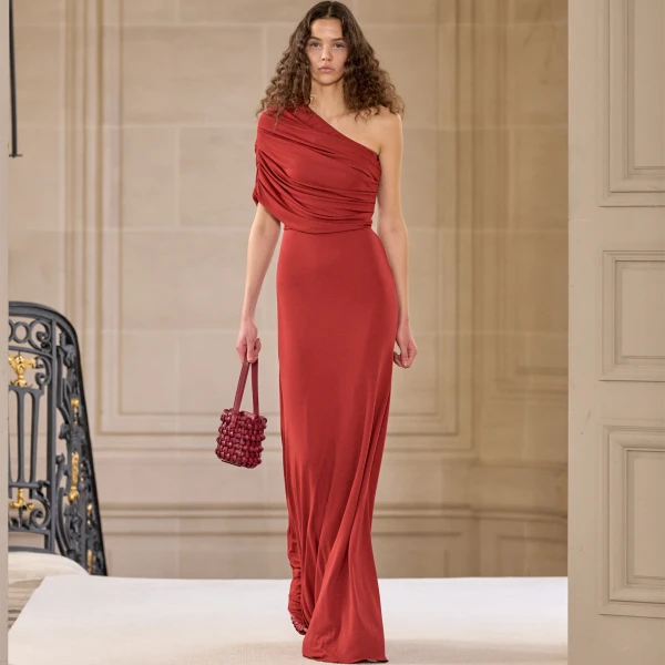 Giambattista Valli Asymmetrical Draped Brick Long Dress - Giambattista Valli Dresses - Romantic Couture - Shop at Luxury Shoes 