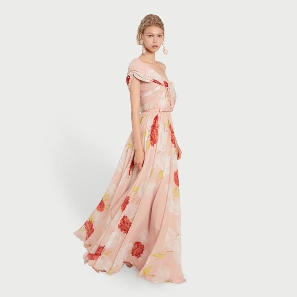 Giambattista Valli Asymmetrical Long Pink Blossoms Silk Dress - Giambattista Valli Dresses - Romantic Couture - Shop at Luxury Shoes 