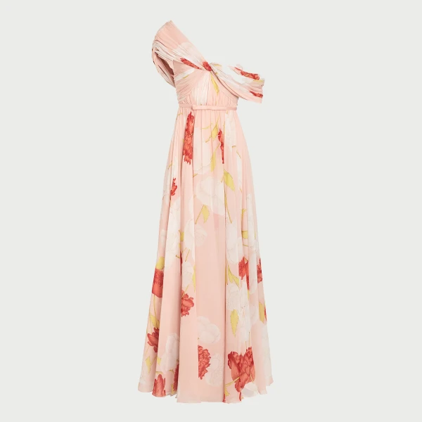 Giambattista Valli Asymmetrical Long Pink Blossoms Silk Dress - Giambattista Valli Dresses - Romantic Couture - Shop at Luxury Shoes 