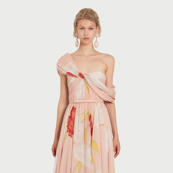 Giambattista Valli Asymmetrical Long Pink Blossoms Silk Dress - Giambattista Valli Dresses - Romantic Couture - Shop at Luxury Shoes 