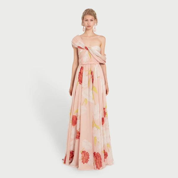 Giambattista Valli Asymmetrical Long Pink Blossoms Silk Dress - Giambattista Valli Dresses - Romantic Couture - Shop at Luxury Shoes 
