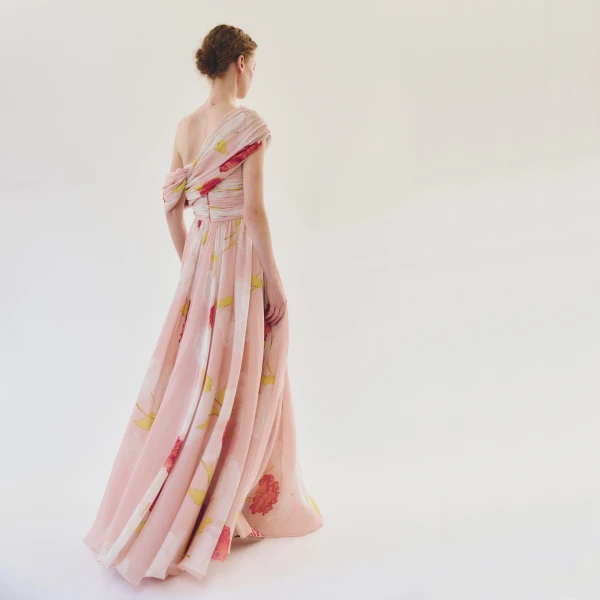 Giambattista Valli Asymmetrical Long Pink Blossoms Silk Dress - Giambattista Valli Dresses - Romantic Couture - Shop at Luxury Shoes 