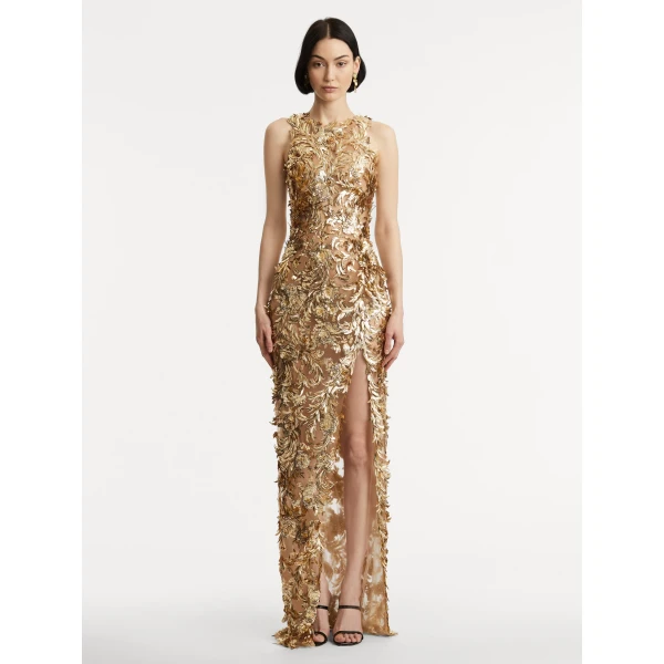 Oscar de la Renta Baroque Sequin Leaves Embroidered Gown - Oscar de la Renta Dresses - American Couture - Shop at Luxury Shoes 