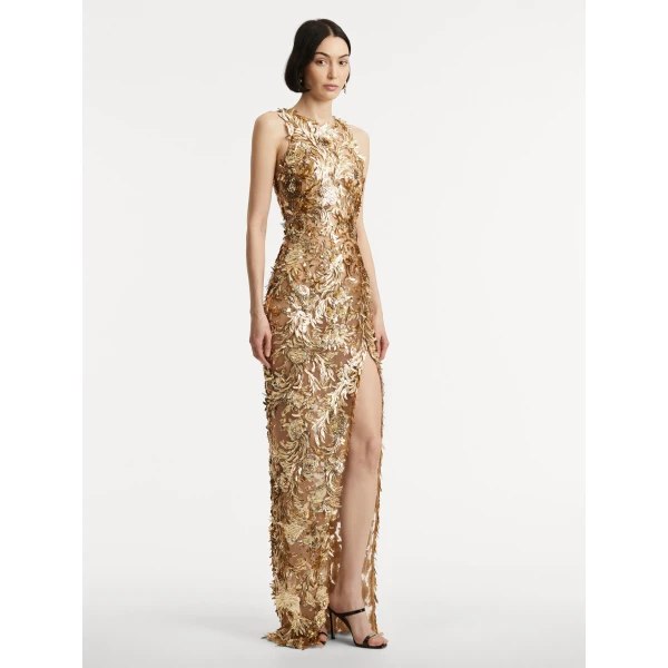 Oscar de la Renta Baroque Sequin Leaves Embroidered Gown - Oscar de la Renta Dresses - American Couture - Shop at Luxury Shoes 