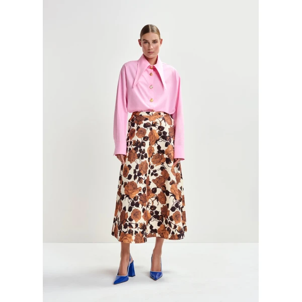 Essentiel Antwerp Beige and brown a-line floral skirt - Essentiel Antwerp Skirts - Colorful Belgian Design - Shop at Luxury Shoes 