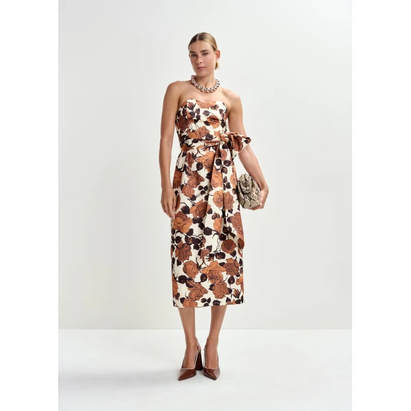 Essentiel Antwerp Beige and brown strapless midi dress with wrap-belt - Essentiel Antwerp Dresses - Colorful Belgian Design - Shop at Luxury Shoes 