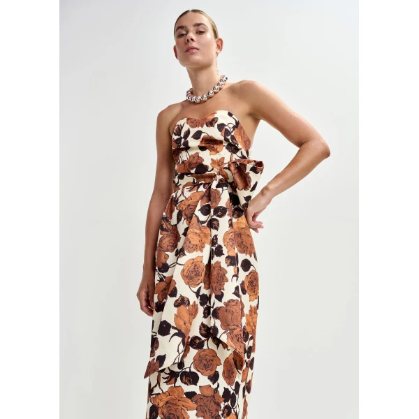 Essentiel Antwerp Beige and brown strapless midi dress with wrap-belt - Essentiel Antwerp Dresses - Colorful Belgian Design - Shop at Luxury Shoes 