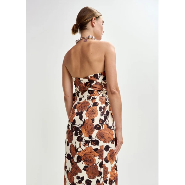 Essentiel Antwerp Beige and brown strapless midi dress with wrap-belt - Essentiel Antwerp Dresses - Colorful Belgian Design - Shop at Luxury Shoes 