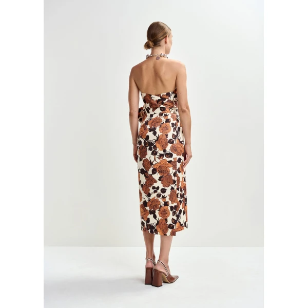 Essentiel Antwerp Beige and brown strapless midi dress with wrap-belt - Essentiel Antwerp Dresses - Colorful Belgian Design - Shop at Luxury Shoes 