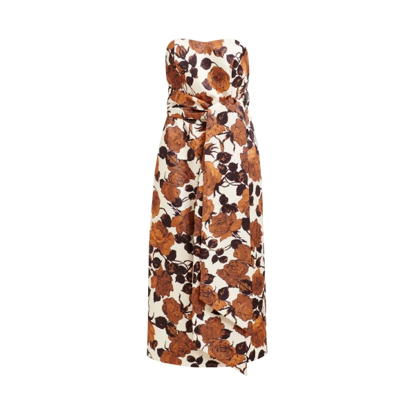 Essentiel Antwerp Beige and brown strapless midi dress with wrap-belt - Essentiel Antwerp Dresses - Colorful Belgian Design - Shop at Luxury Shoes 