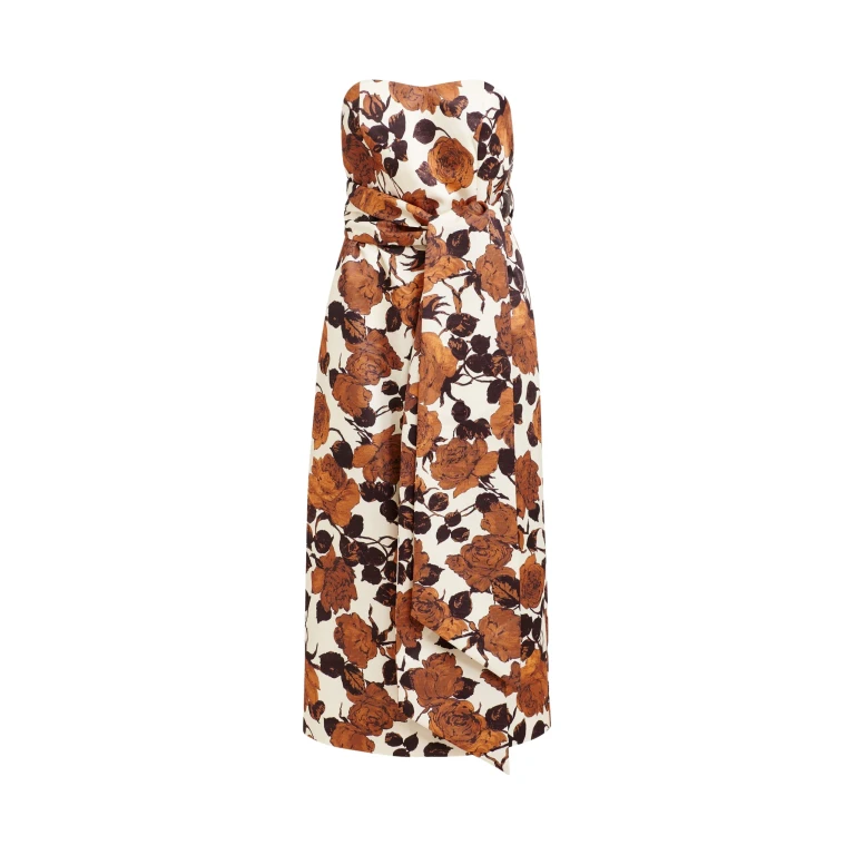 Essentiel Antwerp Beige and brown strapless midi dress with wrap-belt - Essentiel Antwerp Dresses - Colorful Belgian Design - Shop at Luxury Shoes 