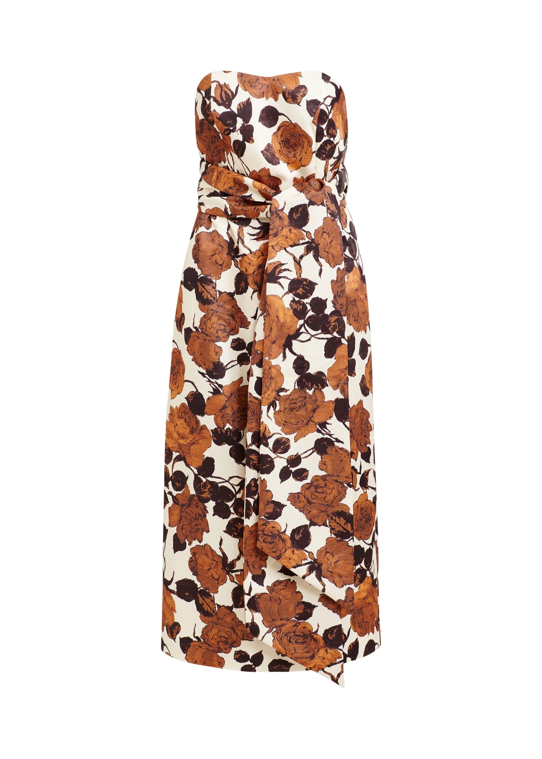 Essentiel Antwerp Beige and brown strapless midi dress with wrap-belt