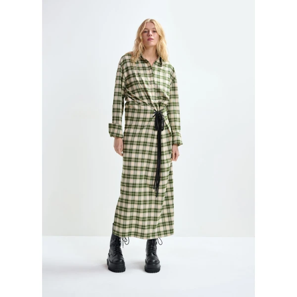 Essentiel Antwerp Beige and green checked oversized maxi dress with rhinestone-embellished collar - Essentiel Antwerp Dresses - Colorful Belgian Design - Shop at Luxury Shoes 